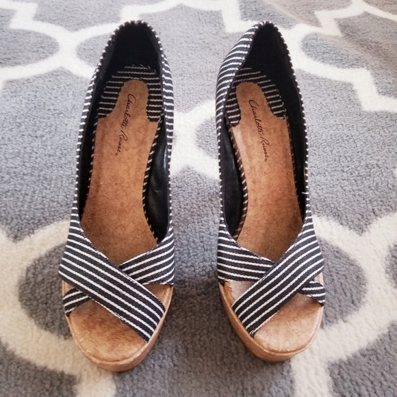Striped "Cork Look" Peep Toe Heels - Picture 3 of 7